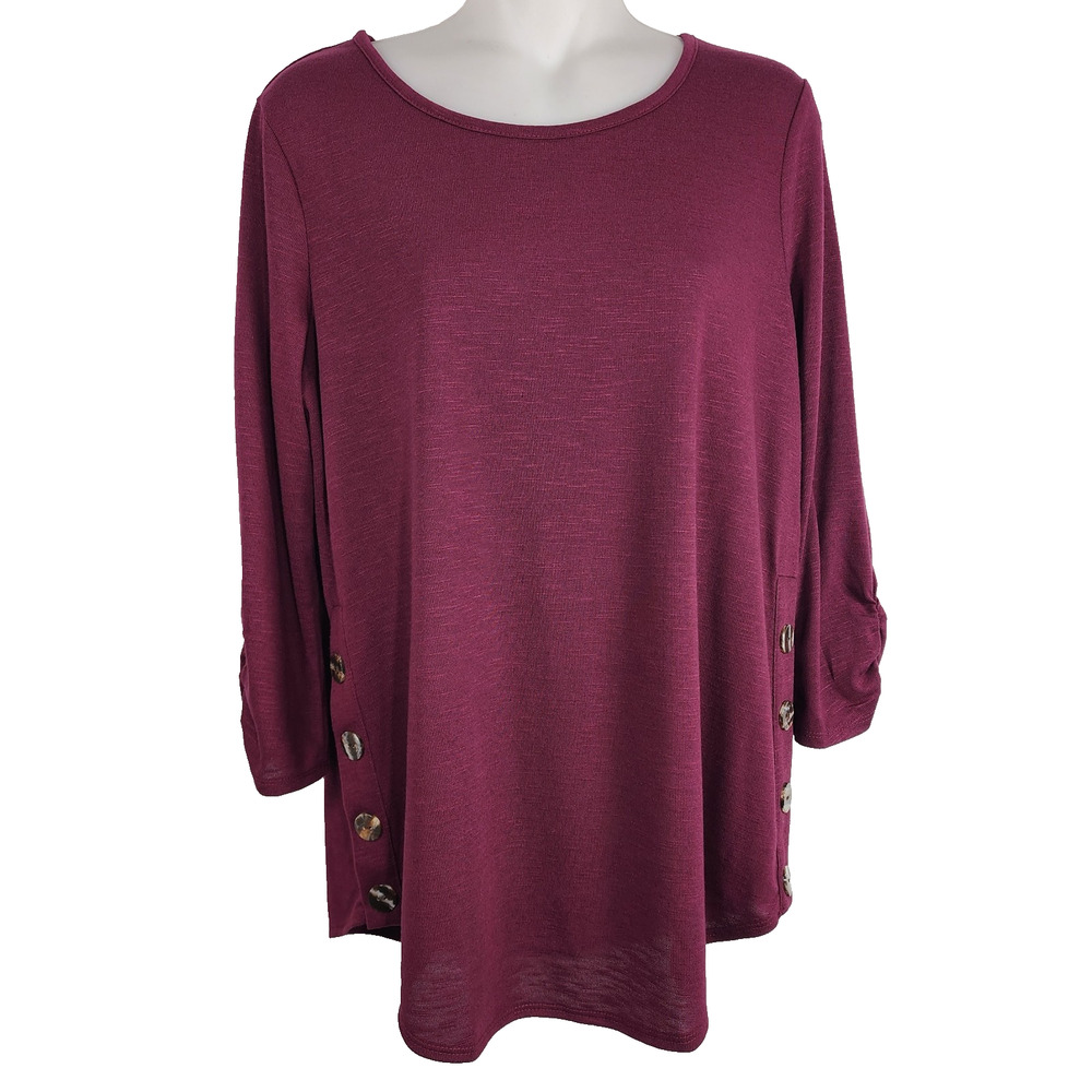 Fortune + Ivy Women’s Top Side Button 3/4 Ruched Sleeve Pullover Knit Burgundy M